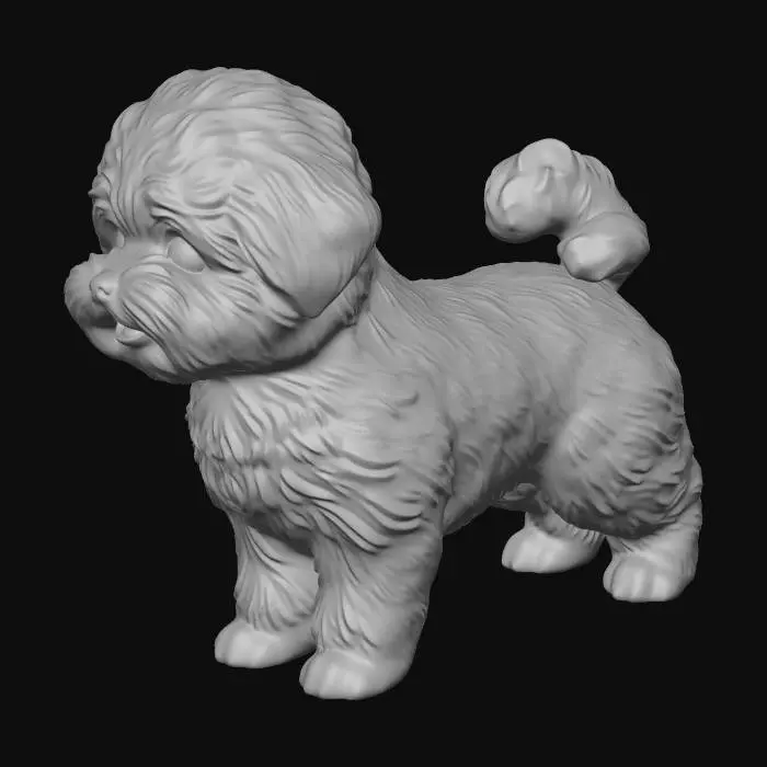 3D model for High-detail 3D character model (PBR, game-ready) of a happy pony-sized (mini-pony scale) light/cream Bichon Havanese. Full body, centered, isolated object with transparent/alpha background, no environment. Believable canine anatomy and proportions, cute but natural. Extremely fluffy silky coat with realistic groom/strand hair and subtle tiny snow crystals. Big dark eyes with clean catchlights, friendly expression, slightly open smiling mouth. Neutral studio 3-point soft lighting, crisp silhouette, clean edges. Presented as asset render/turntable or A-pose/T-pose suitable for rigging, high resolution.