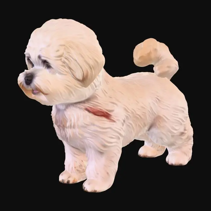 3D model for High-detail 3D character model (PBR, game-ready) of a happy pony-sized (mini-pony scale) light/cream Bichon Havanese. Full body, centered, isolated object with transparent/alpha background, no environment. Believable canine anatomy and proportions, cute but natural. Extremely fluffy silky coat with realistic groom/strand hair and subtle tiny snow crystals. Big dark eyes with clean catchlights, friendly expression, slightly open smiling mouth. Neutral studio 3-point soft lighting, crisp silhouette, clean edges. Presented as asset render/turntable or A-pose/T-pose suitable for rigging, high resolution.