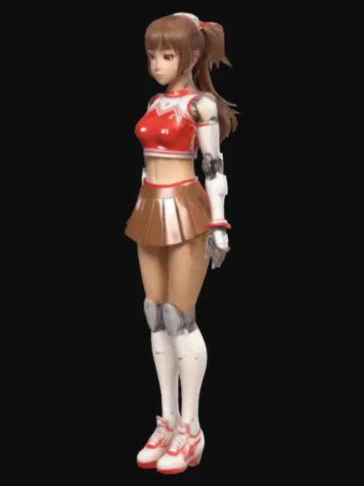 3D model for Create a 3D model of a very slim, anime-style female robot with long brown hair and shiny, light warm-toned plastic skin. She wears a classic cheerleader outfit: a loose crop top and an ultra-short pleated skirt (about 3 inches high, mostly red with white accents) that leaves her upper thighs and butt exposed. No socks, shoes, or armor. Her stomach has detailed robotic panels; joints (elbows, knees, neck) show wires and mechanical parts. Her face is robotic with mechanical seams and panel lines, but no glowing eyes.