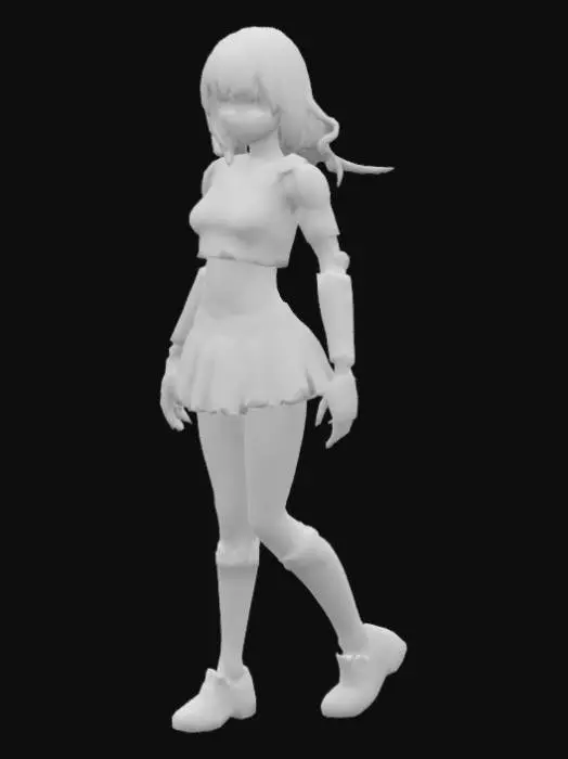3D model for An anime-style female humanoid with soft brown hair and subtle, tasteful makeup, wearing a classic, non-futuristic cheerleader uniform without underwear. Her crop top is loose-fitting and her pleated skirt is styled to only cover half of her butt, revealing her upper thighs and her butt in a dynamic, energetic pose, reminiscent of traditional cheerleader outfits. Her skin has a light, warm tone. Visible at her joints—such as elbows, knees, and neck—are intricate wires and mechanical parts, also her face looks robotic, and her body is detailed with several sleek panels that suggest her robotic nature while maintaining a mostly human appearance.