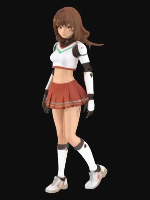 3D model for An anime-style female humanoid with soft brown hair and subtle, tasteful makeup, wearing a classic, non-futuristic cheerleader uniform without underwear. Her crop top is loose-fitting and her pleated skirt is styled to only cover half of her butt, revealing her upper thighs and her butt in a dynamic, energetic pose, reminiscent of traditional cheerleader outfits. Her skin has a light, warm tone. Visible at her joints—such as elbows, knees, and neck—are intricate wires and mechanical parts, also her face looks robotic, and her body is detailed with several sleek panels that suggest her robotic nature while maintaining a mostly human appearance.