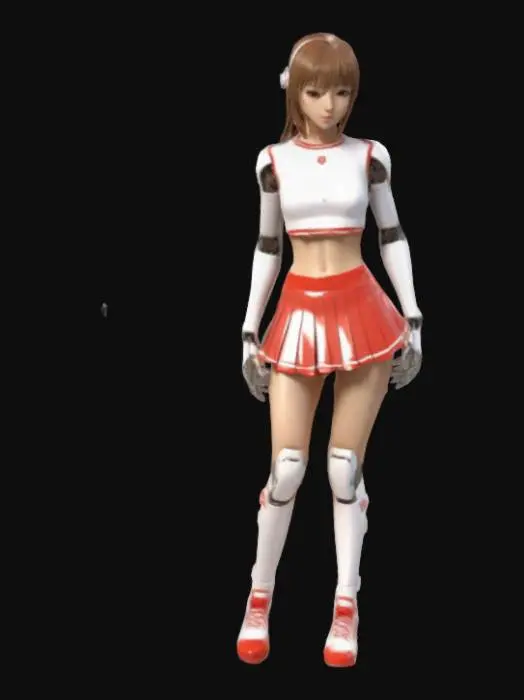 3D model for Create a 3D model of a very slim, anime-style female robot with long brown hair and shiny, light warm-toned plastic skin. She wears a classic cheerleader outfit: a loose crop top and an ultra-short pleated skirt (about 3 inches high, mostly red with white accents) that leaves her upper thighs and butt exposed. No socks, shoes, or armor. Her stomach has detailed robotic panels; joints (elbows, knees, neck) show wires and mechanical parts. Her face is robotic with mechanical seams and panel lines, but no glowing eyes. Includes PBR textures, detailed hair, realistic skin shadows, and soft lighting. Optimized for high-quality 3D printing.