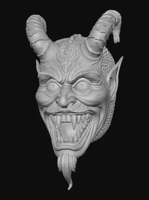 3D model for A highly detailed, realistic 3D model of a traditional Swabian-Alemannic Carnival Mask (Larve). The mask is hand-carved from dark, aged wood, depicting a ferocious forest demon with sharp teeth, deep-set, dark eyes, and two stylized goat horns. The texture must clearly show the wood grain and knife marks from the carving process. It features a glossy, high-quality traditional Fassmalerei paint finish in dark red, black, and forest green. The overall style should be archaic, sinister, and expressive, suitable for a photorealistic 3D asset.