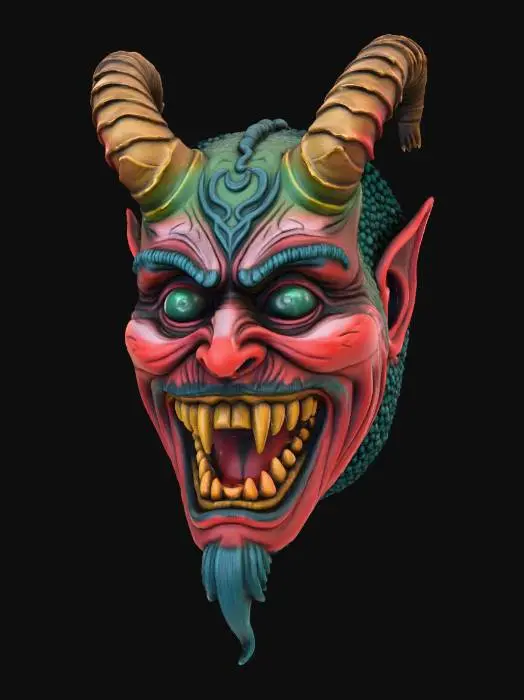 3D model for A highly detailed, realistic 3D model of a traditional Swabian-Alemannic Carnival Mask (Larve). The mask is hand-carved from dark, aged wood, depicting a ferocious forest demon with sharp teeth, deep-set, dark eyes, and two stylized goat horns. The texture must clearly show the wood grain and knife marks from the carving process. It features a glossy, high-quality traditional Fassmalerei paint finish in dark red, black, and forest green. The overall style should be archaic, sinister, and expressive, suitable for a photorealistic 3D asset.