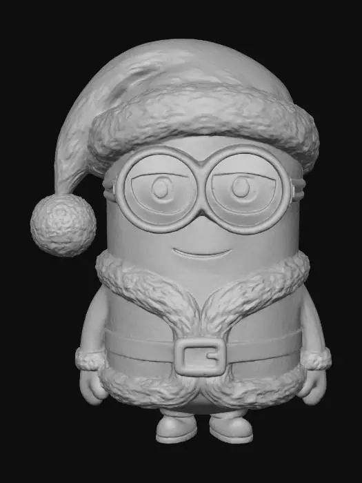 3D model for Cute yellow cartoon character wearing a Santa Claus costume. 
Round body, short legs, simple limbs, large circular silver goggles with glass reflection, 
friendly face with a slight smile. Santa outfit includes red coat with white fluffy trim, 
black belt with gold buckle, red pants, black boots. Santa hat with white fluffy trim and a holly decoration on the side. 
Style: smooth surface, clean geometry, suitable for 3D printing, no internal cavities, 
continuous closed mesh, solid model, minimal texture detail.
Pose: standing upright, arms by sides, symmetrical front view.
3D MODEL purpose: 3D printing (STL), low complexity but well-defined shape.