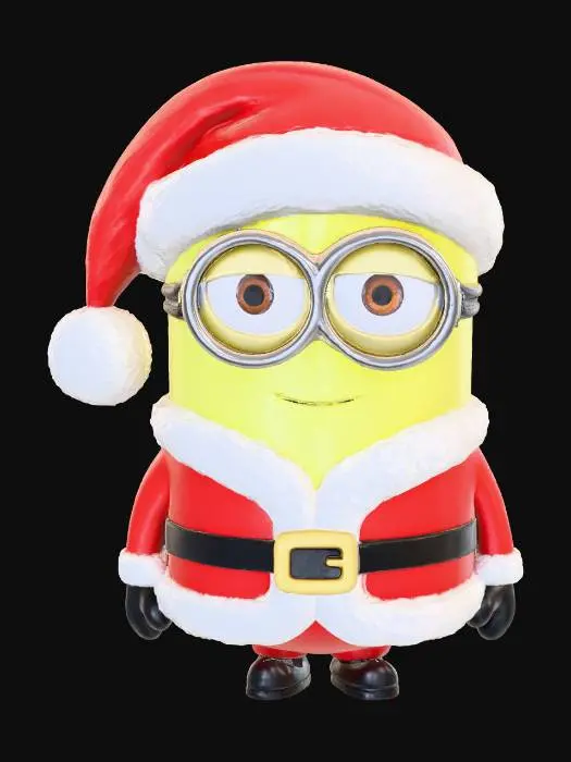 3D model for Cute yellow cartoon character wearing a Santa Claus costume. 
Round body, short legs, simple limbs, large circular silver goggles with glass reflection, 
friendly face with a slight smile. Santa outfit includes red coat with white fluffy trim, 
black belt with gold buckle, red pants, black boots. Santa hat with white fluffy trim and a holly decoration on the side. 
Style: smooth surface, clean geometry, suitable for 3D printing, no internal cavities, 
continuous closed mesh, solid model, minimal texture detail.
Pose: standing upright, arms by sides, symmetrical front view.
3D MODEL purpose: 3D printing (STL), low complexity but well-defined shape.