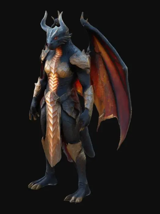 3D model for Design a hyper-realistic dragonkin inspired by Skyrim, captured with a 120mm lens. Standing on a snowy peak, their obsidian-crimson scales shimmer with glowing golden veins, and frost clings to Nordic-style dragonbone armor etched with pulsing runes. Tattered ember-like wings frame their form as they wield a molten battleaxe. Blurred icy peaks, roaring dragons, and auroras create a cinematic backdrop, amplifying their raw power and defiance.