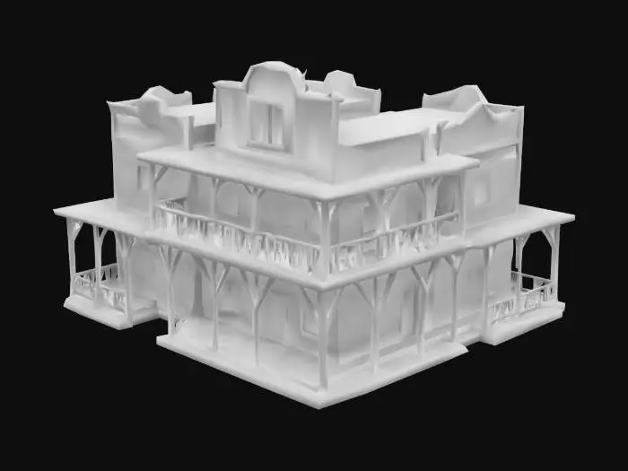 3D model for complesso di strutture in legno, stile western, saloon, con balconi, 3 strutture