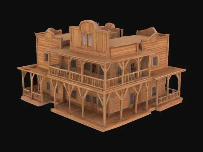 3D model for complesso di strutture in legno, stile western, saloon, con balconi, 3 strutture