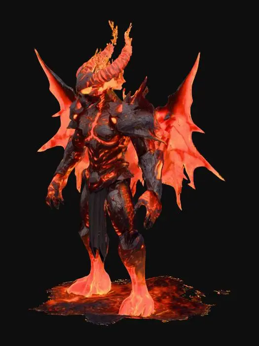 3D model for Vulkanor_Prompt = "Design a magma golem with obsidian-black cracked armor, glowing lava veins, blade-shaped flame wings, and a skull-like molten head with fiery horns. Smoke vents from its chest, embers fall with each movement. Emits flame burst VFX, molten particles, and lava glow from core. -- low-poly, stylized, rigged, glowing PBR textures, clean mesh, Roblox compatible, VFX-ready, no background"