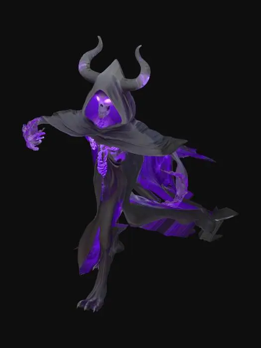 3D model for Umbraeth_Prompt = "Create a ghostly humanoid god Pokémon wrapped in a long smoky cloak of black mist and purple veins. Its skeletal hands hold floating spirit masks. Its chest glows with a cursed core and shadow particles drift around it constantly. Emits whispering trails, flickering shadows, and cursed smoke VFX. -- low-poly, stylized, rigged, glowing PBR textures, clean mesh, Roblox compatible, VFX-ready, no background"