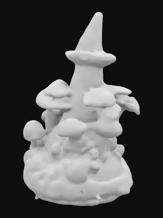3D model for Mushrooms, but its a cone incense burner.  Colorful, vibrant, almost glow in the dark colors on the mushrooms.