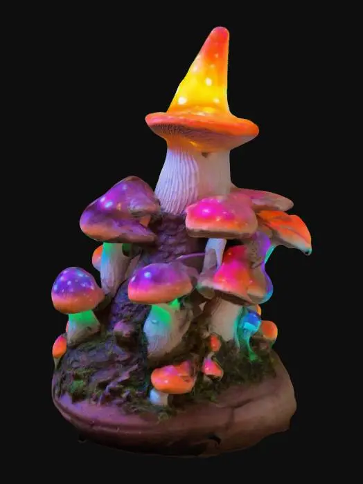 3D model for Mushrooms, but its a cone incense burner.  Colorful, vibrant, almost glow in the dark colors on the mushrooms.