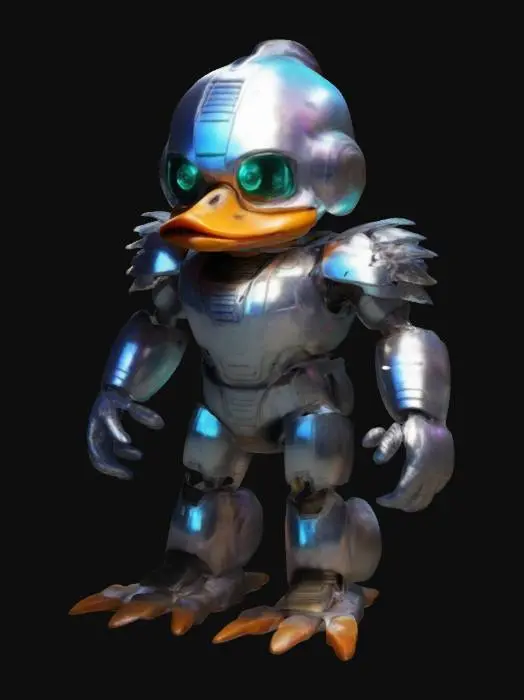 3D model for Futuristic, shiny, realistic, Gizmo Duck.  Have iridescent areas in the armor, and glow coming from underneath.  Make it super cool, transformers movie style.