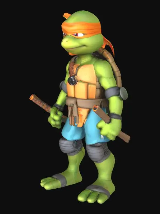 3D model for A ninja turtle with a orange bandana, elbow and knee wraps.  nunchucks in one hand.  Want to him to have a necklace that says SwagggyVee.
