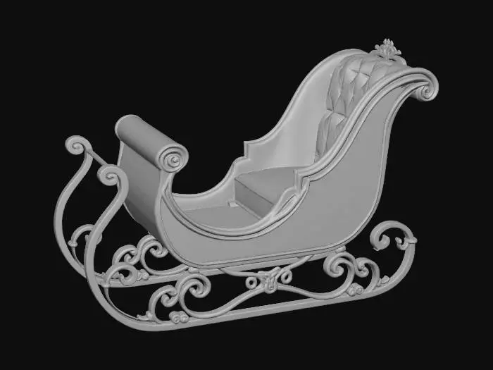3D model for A classic, sturdy wooden sleigh, painted a vibrant, glossy cherry red with a smooth, polished finish. It features ornate, gleaming brass runners and intricate gold filigree detailing along its high, curved backrest. The interior is lined with plush, deep crimson velvet, appearing soft and luxurious, hinting at a comfortable, robust structure.