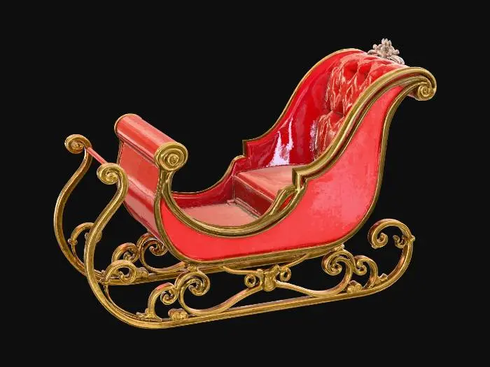 3D model for A classic, sturdy wooden sleigh, painted a vibrant, glossy cherry red with a smooth, polished finish. It features ornate, gleaming brass runners and intricate gold filigree detailing along its high, curved backrest. The interior is lined with plush, deep crimson velvet, appearing soft and luxurious, hinting at a comfortable, robust structure.