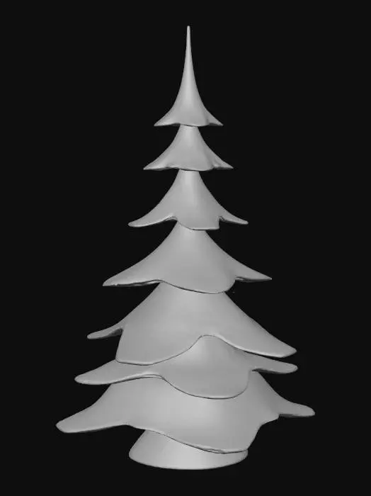 3D model for A sleek, modern Christmas tree made from polished, dark chrome, featuring minimalist, angular branches that ascend in a spiral. Each branch tip is adorned with a single, glowing cool-white LED light, emanating a soft, ethereal luminescence. The overall structure is geometric and refined, with a smooth, highly reflective surface that captures and distorts ambient light, giving it a sophisticated and futuristic holiday aesthetic.