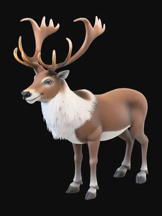 3D model for A majestic, realistic reindeer standing calmly, its robust body covered in thick, coarse brown and grey fur with a soft white underbelly. It features large, bony antlers with a rugged texture, sharp points, and a wide span. Its muzzle is dark and leathery, and its slender legs end in hard, cloven hooves, conveying strength and a gentle, alert expression.
