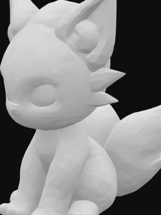 3D model for A charming, cute creature, a fusion blending Zeraora's sleekness with a Pal's adorable roundness. Its body is primarily covered in short, super soft yellow fur with plush, velvety black lightning-bolt patterns along its limbs and tail. Large, expressive electric-blue eyes sparkle on its sweet, compact face, framed by prominent, pointed ears with fluffy, light blue interiors. Its small, rounded paws and a bushy, bob-like tail complete its endearing, playful appearance, suggesting a plush, huggable texture.