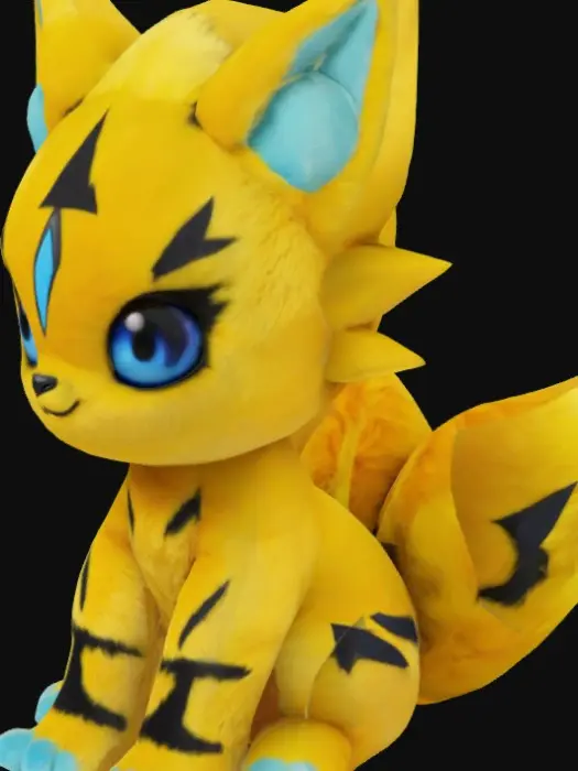 3D model for A charming, cute creature, a fusion blending Zeraora's sleekness with a Pal's adorable roundness. Its body is primarily covered in short, super soft yellow fur with plush, velvety black lightning-bolt patterns along its limbs and tail. Large, expressive electric-blue eyes sparkle on its sweet, compact face, framed by prominent, pointed ears with fluffy, light blue interiors. Its small, rounded paws and a bushy, bob-like tail complete its endearing, playful appearance, suggesting a plush, huggable texture.