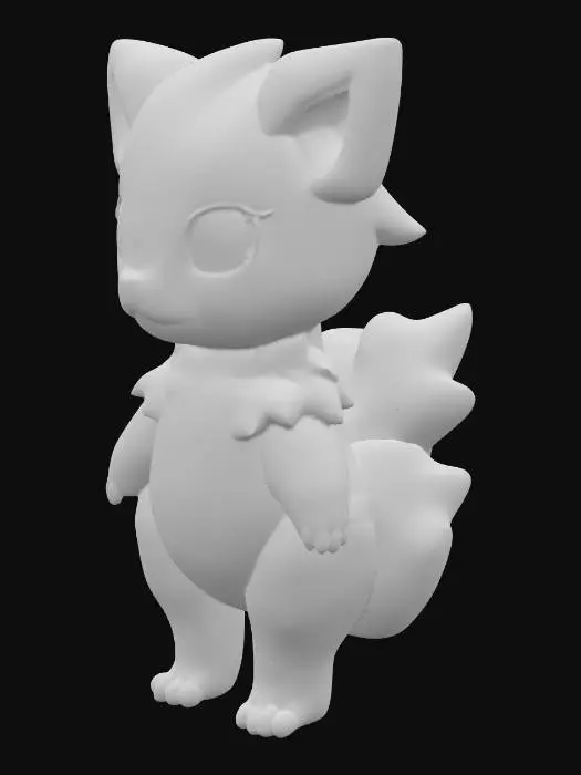 3D model for A charming, cute creature, a fusion blending Zeraora's sleekness with a Pal's adorable roundness. Its body is primarily covered in short, super soft blue fur with plush, velvety yellow lightning-bolt patterns along its limbs and tail. Large, expressive red golden eyes sparkle on its sweet, compact face, framed by prominent, pointed ears with fluffy, light blue interiors. Its small, rounded paws and a bushy, bob-like tail complete its endearing, playful appearance, suggesting a plush, huggable texture., #PBR#