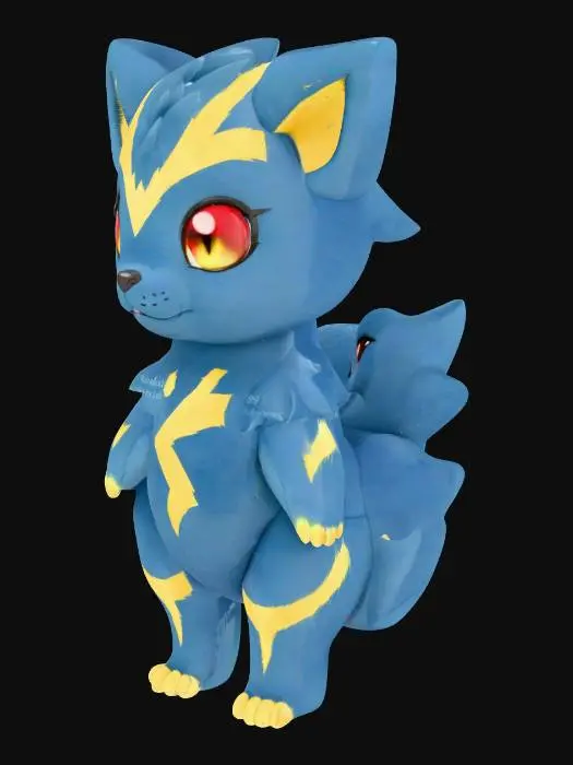3D model for A charming, cute creature, a fusion blending Zeraora's sleekness with a Pal's adorable roundness. Its body is primarily covered in short, super soft blue fur with plush, velvety yellow lightning-bolt patterns along its limbs and tail. Large, expressive red golden eyes sparkle on its sweet, compact face, framed by prominent, pointed ears with fluffy, light blue interiors. Its small, rounded paws and a bushy, bob-like tail complete its endearing, playful appearance, suggesting a plush, huggable texture., #PBR#