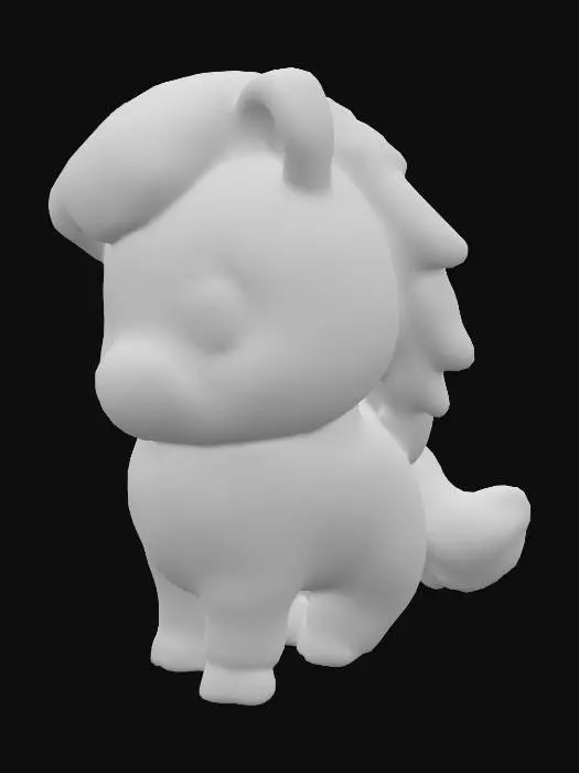 3D model for A charming, round-bodied creature, resembling a small, candy-like dog with an irresistibly cute expression. Its soft, doughy fur is pastel pink, adorned with vibrant, multicolored sprinkles scattered across its back and head. A fluffy, cloud-like mane of swirled white cake frosting, with a slightly glossy finish, encircles its neck. Large, innocent, shimmering dark blue eyes gaze outward, complementing its tiny, stubby paws and a wagging tail that looks like a frosted sugar cookie, giving it a sweet, plush, and slightly sticky tactile quality.