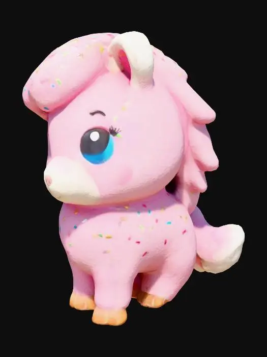 3D model for A charming, round-bodied creature, resembling a small, candy-like dog with an irresistibly cute expression. Its soft, doughy fur is pastel pink, adorned with vibrant, multicolored sprinkles scattered across its back and head. A fluffy, cloud-like mane of swirled white cake frosting, with a slightly glossy finish, encircles its neck. Large, innocent, shimmering dark blue eyes gaze outward, complementing its tiny, stubby paws and a wagging tail that looks like a frosted sugar cookie, giving it a sweet, plush, and slightly sticky tactile quality.