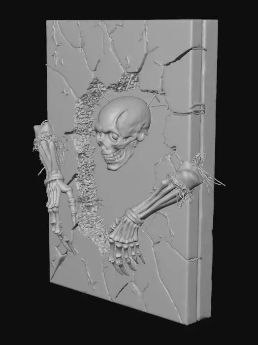 3D model for A spooky 3D creature bursting out of a haunted canvas. The canvas is cracked and aged, with faded brushstrokes depicting a foggy forest. Emerging from the center is a twisted, skeletal hand with elongated fingers, dripping spectral ink. Behind the hand, a half-formed face pushes through the canvas surface—its eyes glowing faint blue, stitched shut with black thread. The creature’s body is partially trapped in the canvas, with writhing tendrils and broken paintbrush limbs reaching outward. The canvas edges curl and tear as if the painting itself is rejecting the creature. No background—just the canvas and the emerging entity., #Halloween2025#