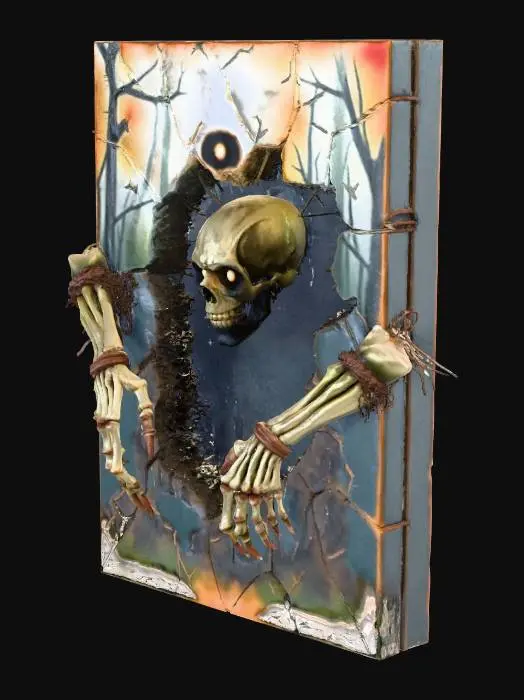 3D model for A spooky 3D creature bursting out of a haunted canvas. The canvas is cracked and aged, with faded brushstrokes depicting a foggy forest. Emerging from the center is a twisted, skeletal hand with elongated fingers, dripping spectral ink. Behind the hand, a half-formed face pushes through the canvas surface—its eyes glowing faint blue, stitched shut with black thread. The creature’s body is partially trapped in the canvas, with writhing tendrils and broken paintbrush limbs reaching outward. The canvas edges curl and tear as if the painting itself is rejecting the creature. No background—just the canvas and the emerging entity., #Halloween2025#