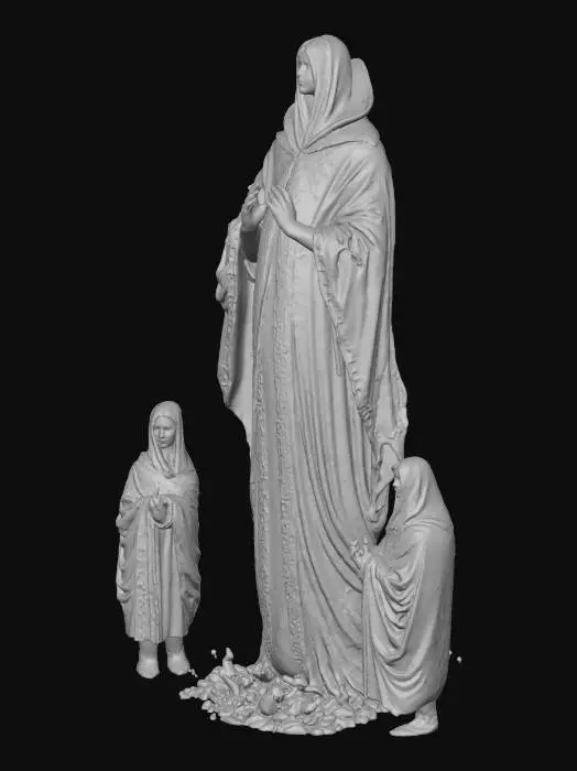 3D model for A surreal Halloween entity known as “The Hollow Choir.” The central figure floats above the ground, dressed in tattered ceremonial robes with faded gold embroidery and stitched hymn pages. Its face is a wide, hollow mouth surrounded by cracked porcelain. Two smaller choir spirits hover behind, heads bowed, mouths agape. Glowing musical notes drift upward from their mouths. No background—just the choir and its eerie details., #Halloween2025#