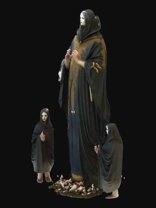 3D model for A surreal Halloween entity known as “The Hollow Choir.” The central figure floats above the ground, dressed in tattered ceremonial robes with faded gold embroidery and stitched hymn pages. Its face is a wide, hollow mouth surrounded by cracked porcelain. Two smaller choir spirits hover behind, heads bowed, mouths agape. Glowing musical notes drift upward from their mouths. No background—just the choir and its eerie details., #Halloween2025#
