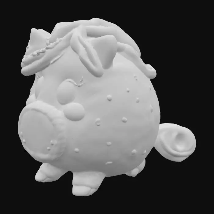 3D model for A charming, round-bodied creature, resembling a small, candy-like dog with an irresistibly cute expression. Its soft, doughy fur is pastel pink, adorned with vibrant, multicolored sprinkles scattered across its back and head. A fluffy, cloud-like mane of swirled white cake frosting, with a slightly glossy finish, encircles its neck. Large, innocent, shimmering dark blue eyes gaze outward, complementing its tiny, stubby paws and a wagging tail that looks like a frosted sugar cookie, giving it a sweet, plush, and slightly sticky tactile quality.