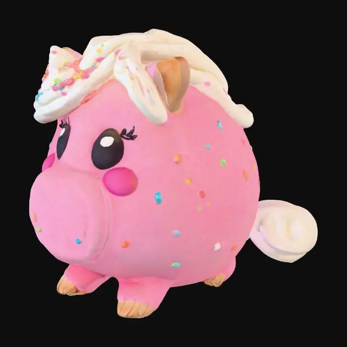 3D model for A charming, round-bodied creature, resembling a small, candy-like dog with an irresistibly cute expression. Its soft, doughy fur is pastel pink, adorned with vibrant, multicolored sprinkles scattered across its back and head. A fluffy, cloud-like mane of swirled white cake frosting, with a slightly glossy finish, encircles its neck. Large, innocent, shimmering dark blue eyes gaze outward, complementing its tiny, stubby paws and a wagging tail that looks like a frosted sugar cookie, giving it a sweet, plush, and slightly sticky tactile quality.