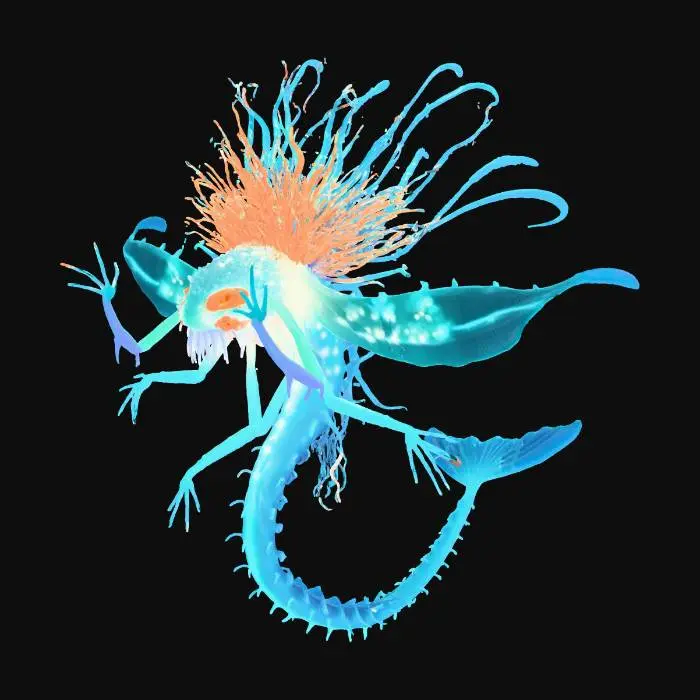 3D model for A surreal deep-sea Halloween creature designed for a transparent background. The central figure is a towering lanternfish spirit with translucent fins, a glowing lure, and a skeletal coral crown. Its body pulses with shifting light patterns like underwater auroras. The creature floats alone, surrounded by faint bioluminescent trails and drifting jellyfish tentacles. , #Halloween2025#