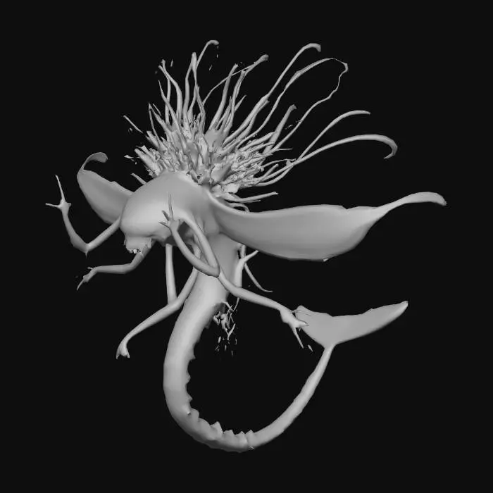 3D model for A surreal deep-sea Halloween creature designed for a transparent background. The central figure is a towering lanternfish spirit with translucent fins, a glowing lure, and a skeletal coral crown. Its body pulses with shifting light patterns like underwater auroras. The creature floats alone, surrounded by faint bioluminescent trails and drifting jellyfish tentacles. , #Halloween2025#