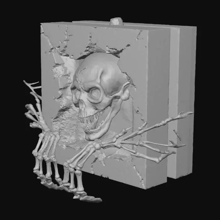 3D model for A spooky 3D creature bursting out of a haunted canvas. The canvas is cracked and aged, with faded brushstrokes depicting a foggy forest. Emerging from the center is a twisted, skeletal hand with elongated fingers, dripping spectral ink. Behind the hand, a half-formed face pushes through the canvas surface—its eyes glowing faint blue, stitched shut with black thread. The creature’s body is partially trapped in the canvas, with writhing tendrils and broken paintbrush limbs reaching outward. The canvas edges curl and tear as if the painting itself is rejecting the creature. No background—just the canvas and the emerging entity., #Halloween2025#