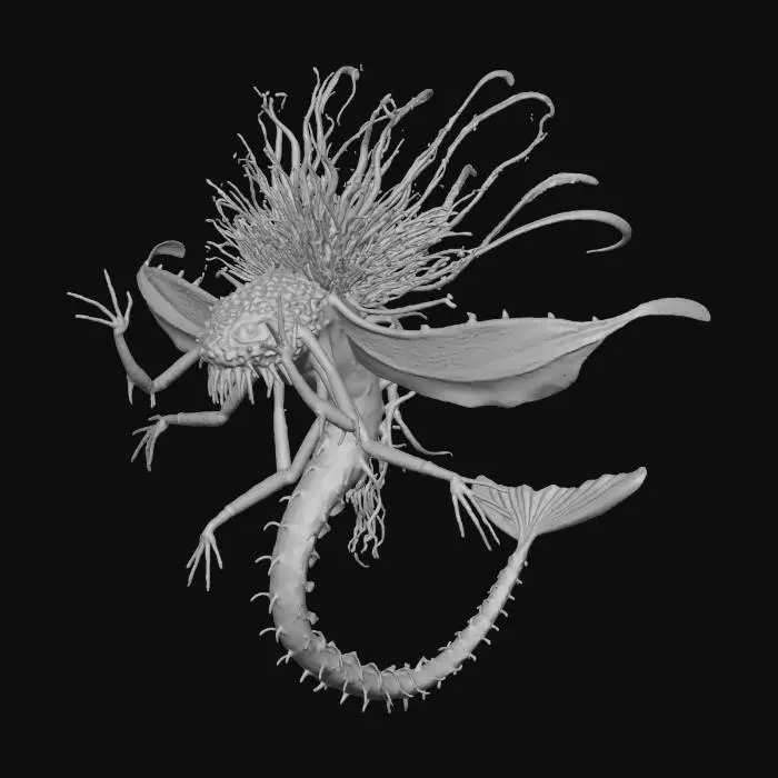 3D model for A surreal deep-sea Halloween creature designed for a transparent background. The central figure is a towering lanternfish spirit with translucent fins, a glowing lure, and a skeletal coral crown. Its body pulses with shifting light patterns like underwater auroras. The creature floats alone, surrounded by faint bioluminescent trails and drifting jellyfish tentacles. , #Halloween2025#