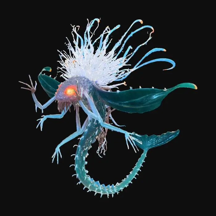 3D model for A surreal deep-sea Halloween creature designed for a transparent background. The central figure is a towering lanternfish spirit with translucent fins, a glowing lure, and a skeletal coral crown. Its body pulses with shifting light patterns like underwater auroras. The creature floats alone, surrounded by faint bioluminescent trails and drifting jellyfish tentacles. , #Halloween2025#