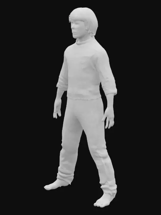3D model for full body image of Bruce Lee wearing yellow tracksuite with black side stripes, bare feets, stand in A-pose