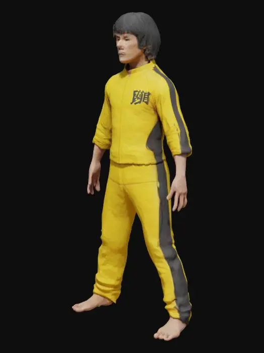 3D model for full body image of Bruce Lee wearing yellow tracksuite with black side stripes, bare feets, stand in A-pose