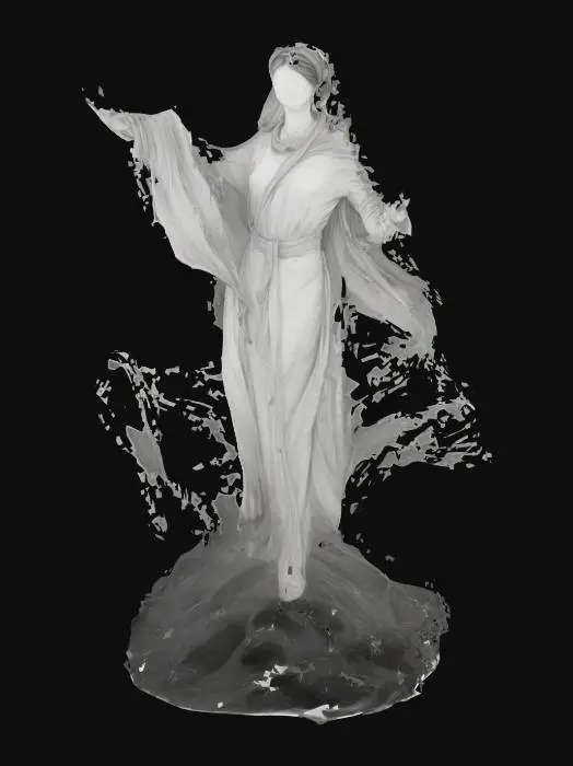 3D model for Our Lady of the Assumption, stone statue, there is a cloud but still has a stone texture, and a stone pedestal on the bottom.