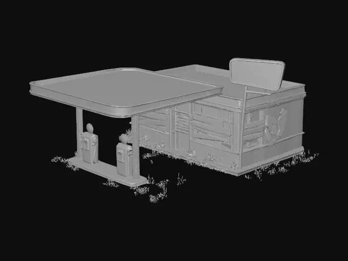 3D model for A shuttered rural gas station from the 60s with cracked pumps, faded signage with unreadable text, boarded windows, rust-stained canopy. Overgrown weeds pushing through concrete. Dim overcast sky, soft blue-gray tones. The perfect lonely roadside stop in a dying mountain town.