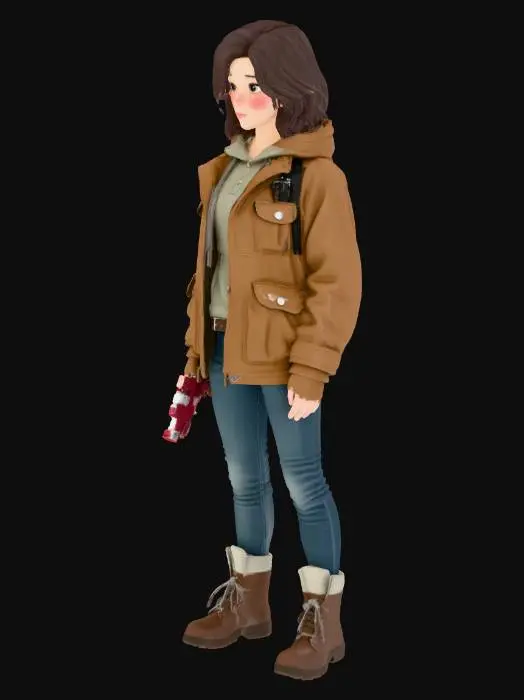 3D model for Realistic Female Protagonist
A 20-something female investigator in a small mountain town. Shoulder-length dark brown hair, slightly messy from travel. Soft but expressive features, light freckles, tired eyes with subtle under-eye circles. Wearing a layered fall-weather outfit: faded green field jacket, charcoal hoodie, dark jeans, hiking boots. Small shoulder bag with camera gear, flashlight clipped to strap. Natural, grounded proportions. Style is cinematic realism with subtle texture wear, believable clothing folds, muted color palette, calm but alert expression. Designed for survival-mystery horror atmosphere. 3D game-ready character, clean topology, PBR textures.