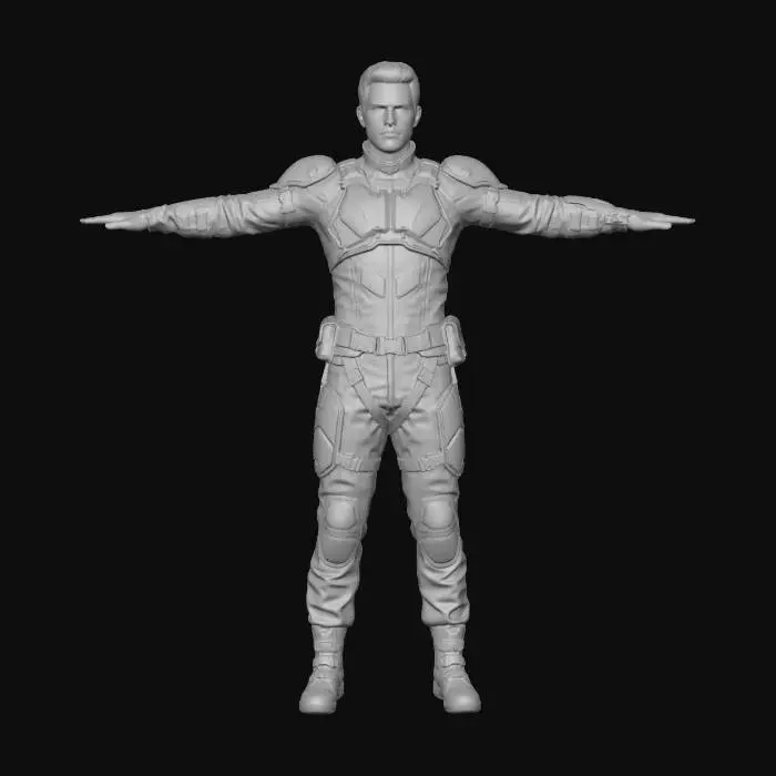 3D model for realistic sci-fi protagonist character,
full body,
neutral standing pose,
arms slightly out (A-pose),
proportions suitable for humanoid rigging,
clean anatomy,
athletic but not exaggerated build,
practical sci-fi clothing,
light armor panels integrated into fabric,
modular utility outfit,
hard sci-fi aesthetic,
minimal surface detail,
no extreme accessories,
no capes,
no long loose cloth,
no weapons,
no helmet,
clean readable silhouette,
high-quality topology,
game-ready character,
designed for animation and rigging,
realistic human scale,
cinematic lighting,
plain background, male protagonist,
lean athletic build,
functional military posture