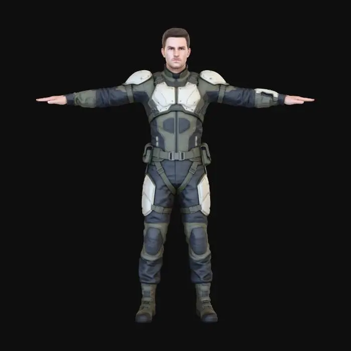 3D model for realistic sci-fi protagonist character,
full body,
neutral standing pose,
arms slightly out (A-pose),
proportions suitable for humanoid rigging,
clean anatomy,
athletic but not exaggerated build,
practical sci-fi clothing,
light armor panels integrated into fabric,
modular utility outfit,
hard sci-fi aesthetic,
minimal surface detail,
no extreme accessories,
no capes,
no long loose cloth,
no weapons,
no helmet,
clean readable silhouette,
high-quality topology,
game-ready character,
designed for animation and rigging,
realistic human scale,
cinematic lighting,
plain background, male protagonist,
lean athletic build,
functional military posture