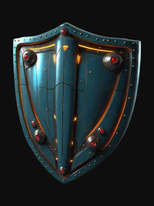 3D model for Design a 3d retro futuristic shield with sleek, melìtallic curves, glowing energy lines, and a mix of vintage rivets and futuristic tech panels. Its design should blend 1950s scifi and advanced aesthetics, Dipinto a Mano, Fantascienza, Scolpito, Ultra Realistico