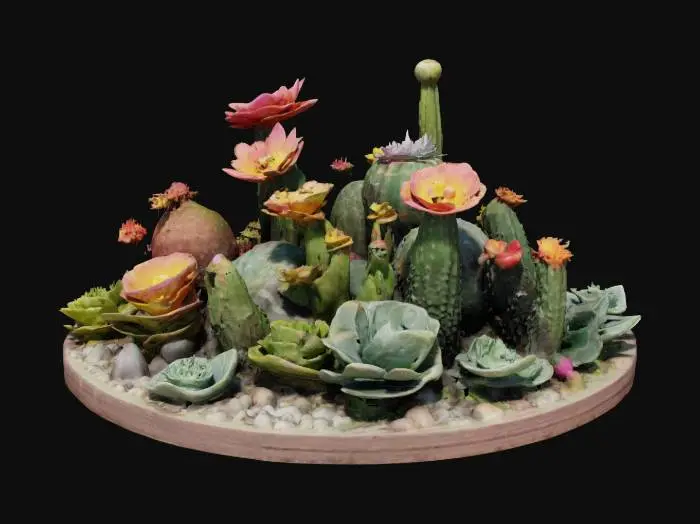 3D model for lush isometric succulent garden featuring several varieties of flowering cactus, #garden#