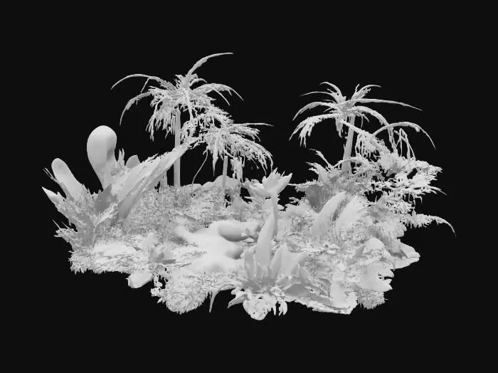 3D model for lush isometric tropical jungle garden paradise with palm trees  beautiful flowering tropical plants featuring ferns, palms and bird of paradise, #garden#